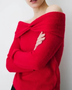 Pull à épaules dénudées manches longues rouge Bisou