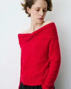 Pull à épaules dénudées manches longues rouge Bisou