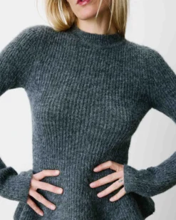 Pull peplum en maille côtelée col cheminée anthracite Alvar
