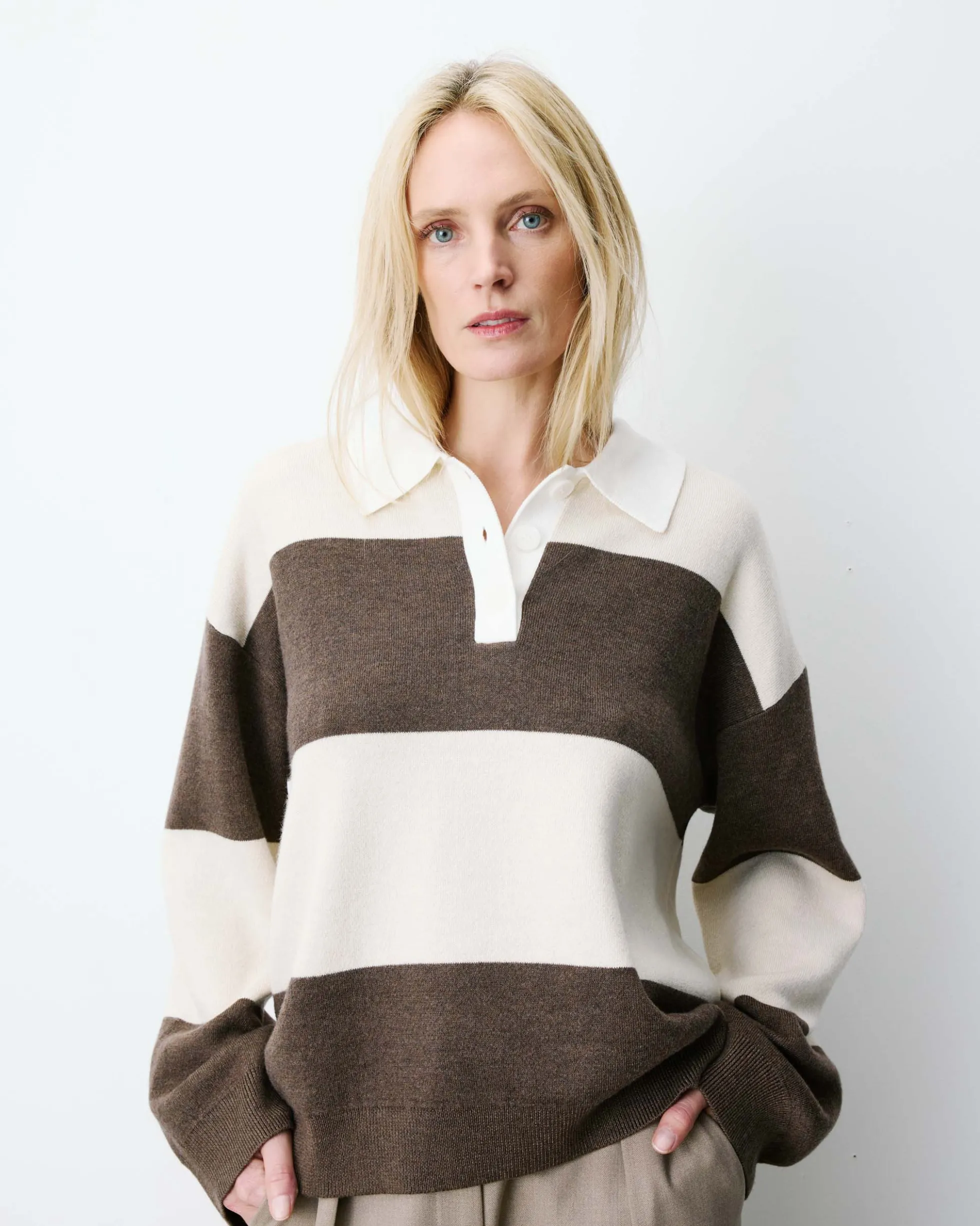 Pull polo ample à larges rayures sable Astre