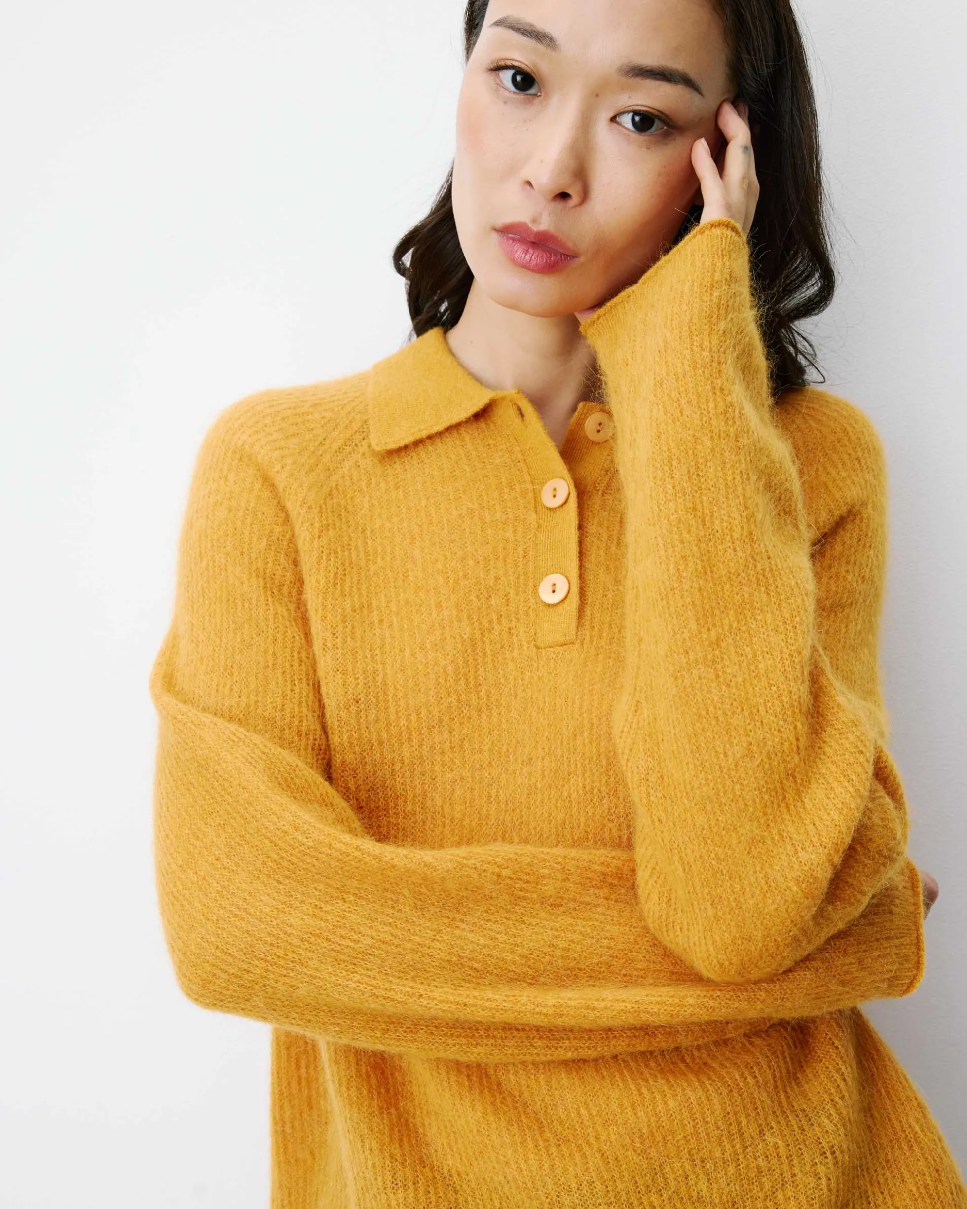 Pull polo en maille texturée boutonné ocre Alevan