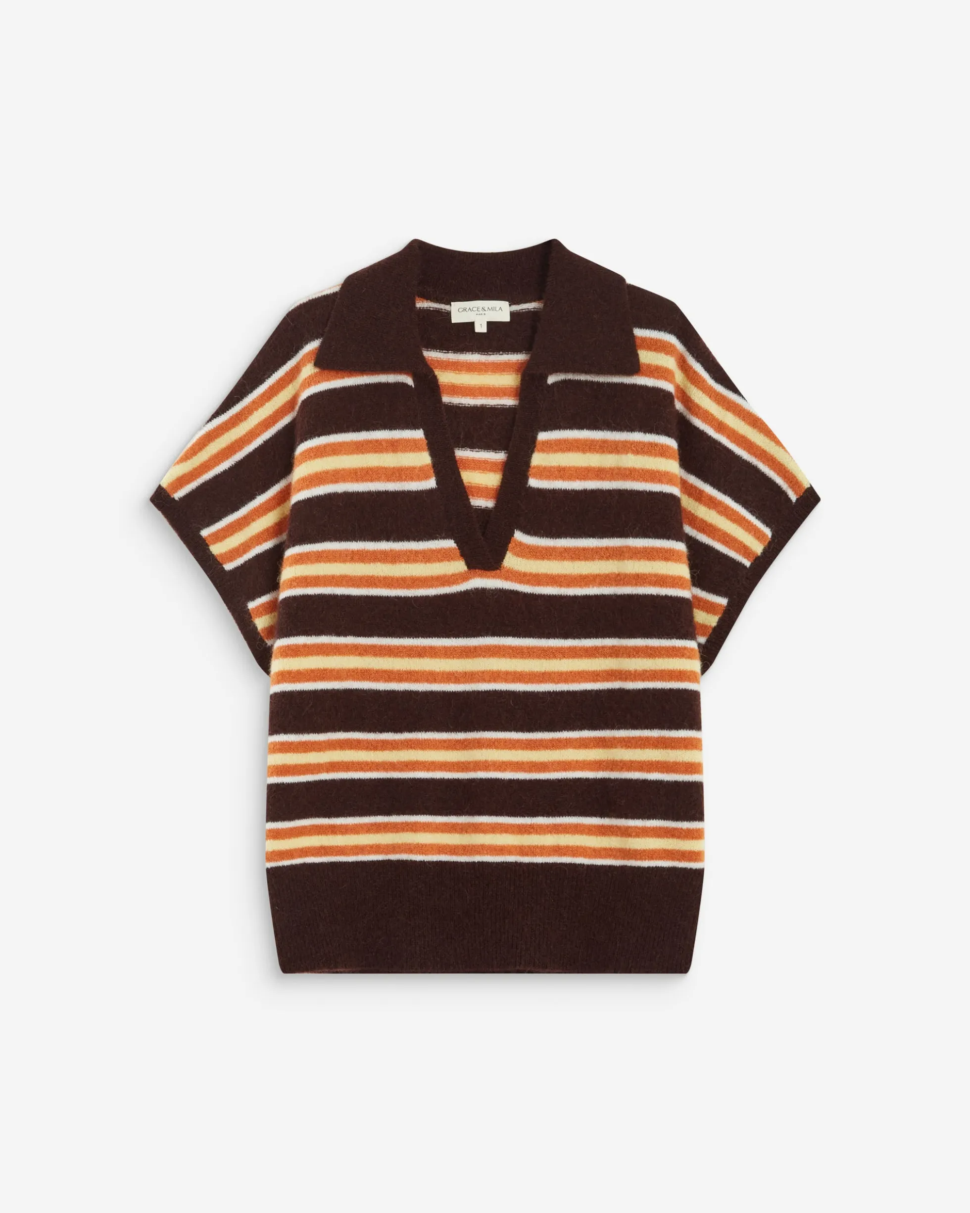 Pull rayé oversize col polo chocolat Aizen