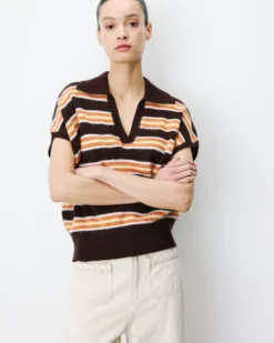Pull rayé oversize col polo chocolat Aizen