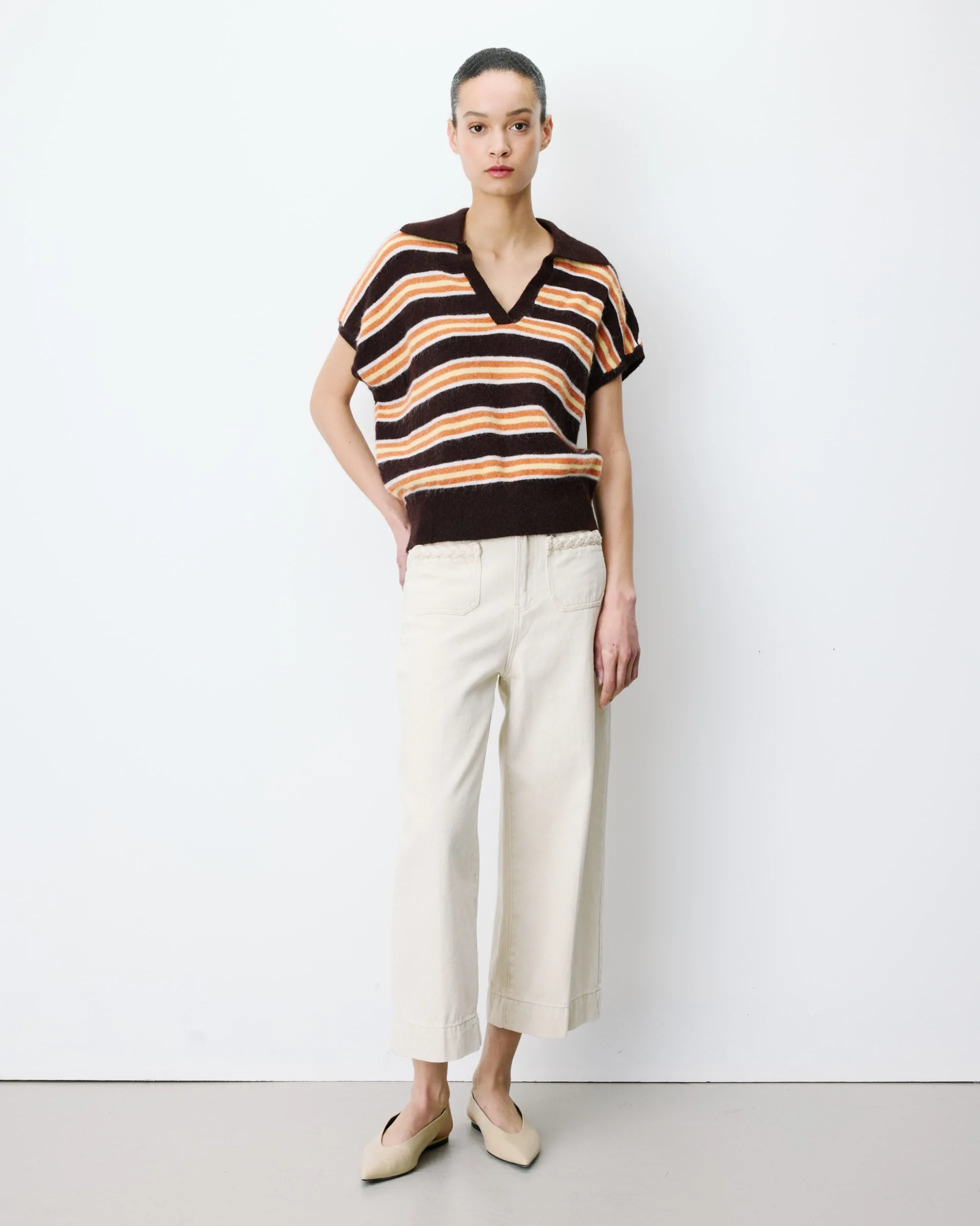 Pull rayé oversize col polo chocolat Aizen