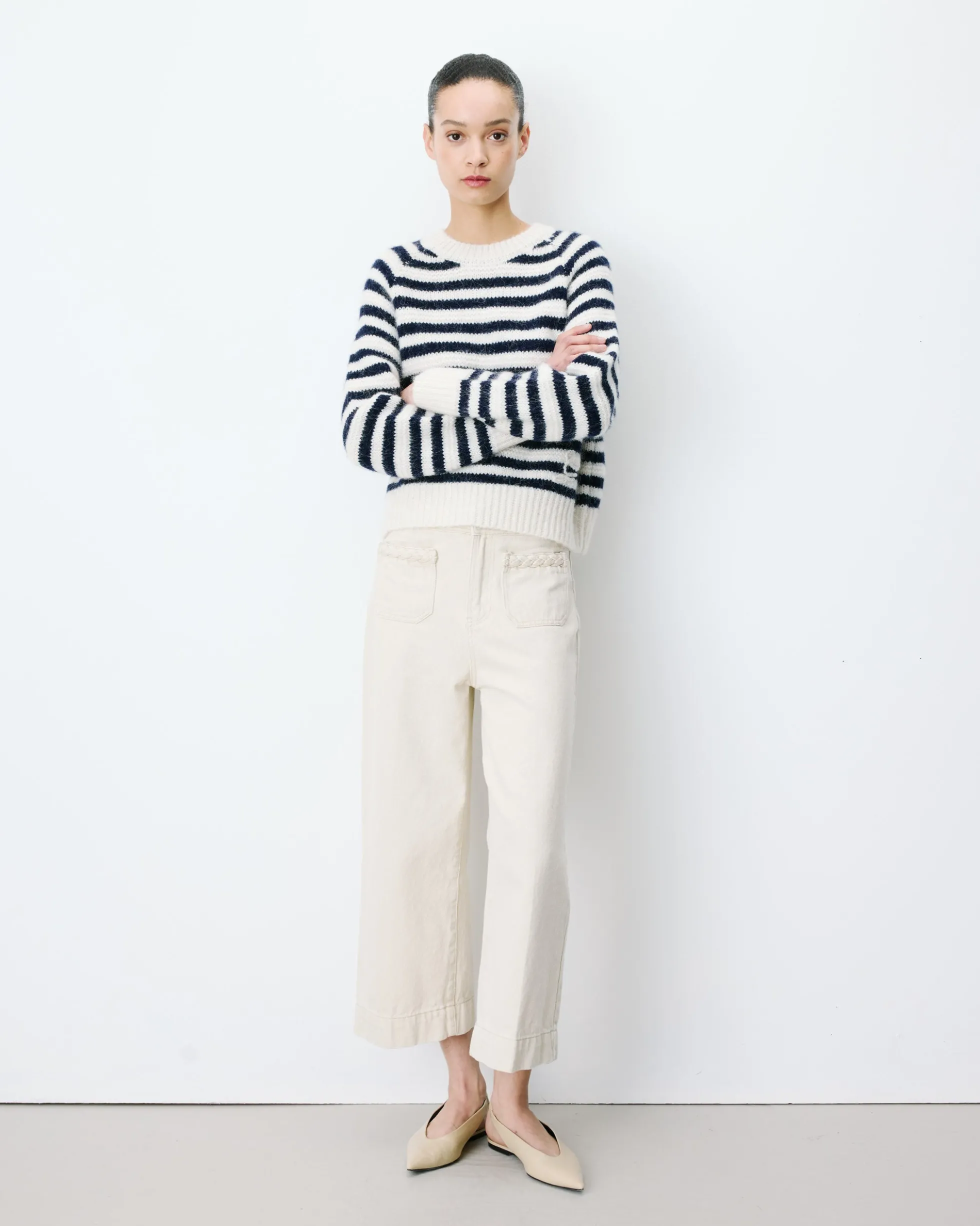 Pull à rayures en alpaga et laine mélangée marine Aimond