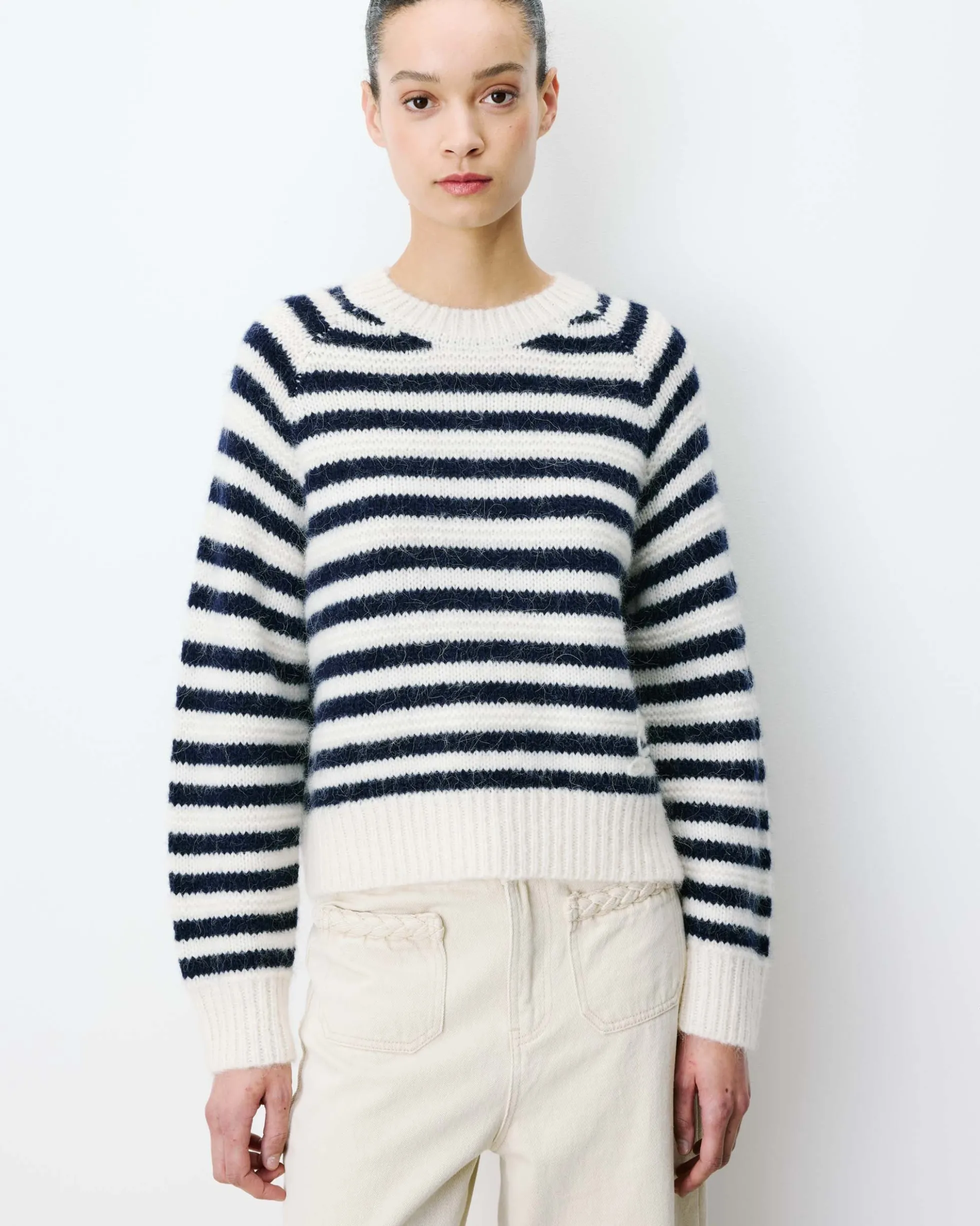 Pull à rayures en alpaga et laine mélangée marine Aimond