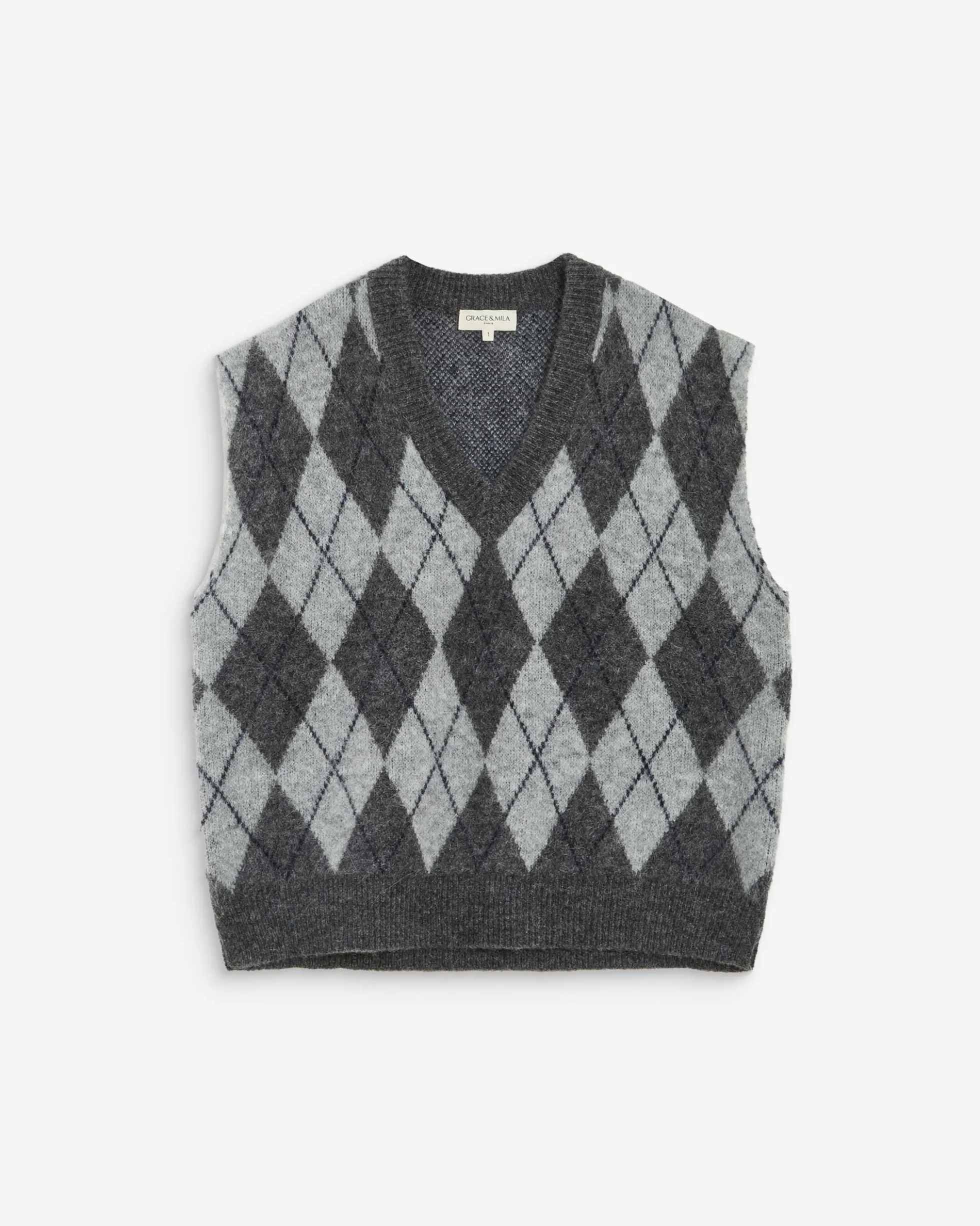 Pull sans manches en maille à losanges anthracite Arelio