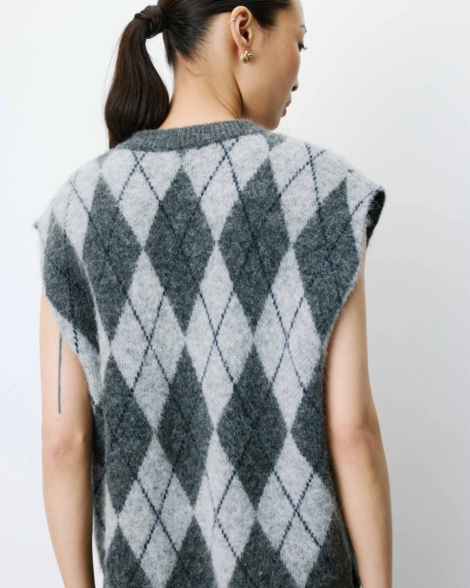 Pull sans manches en maille à losanges anthracite Arelio