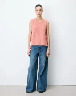 Pull sans manches en maille à nouer peche Argan