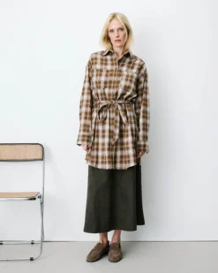 Robe chemise courte à carreaux ceinturée coffee Amaya