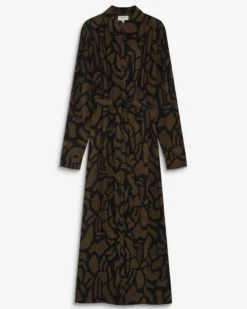 Robe chemise longue ceinturée à motif kaki Aveline