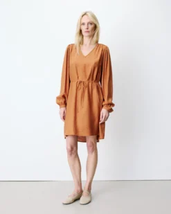 Robe courte col V manches bouffantes camel Alienor