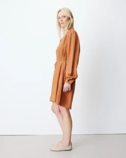 Robe courte col V manches bouffantes camel Alienor