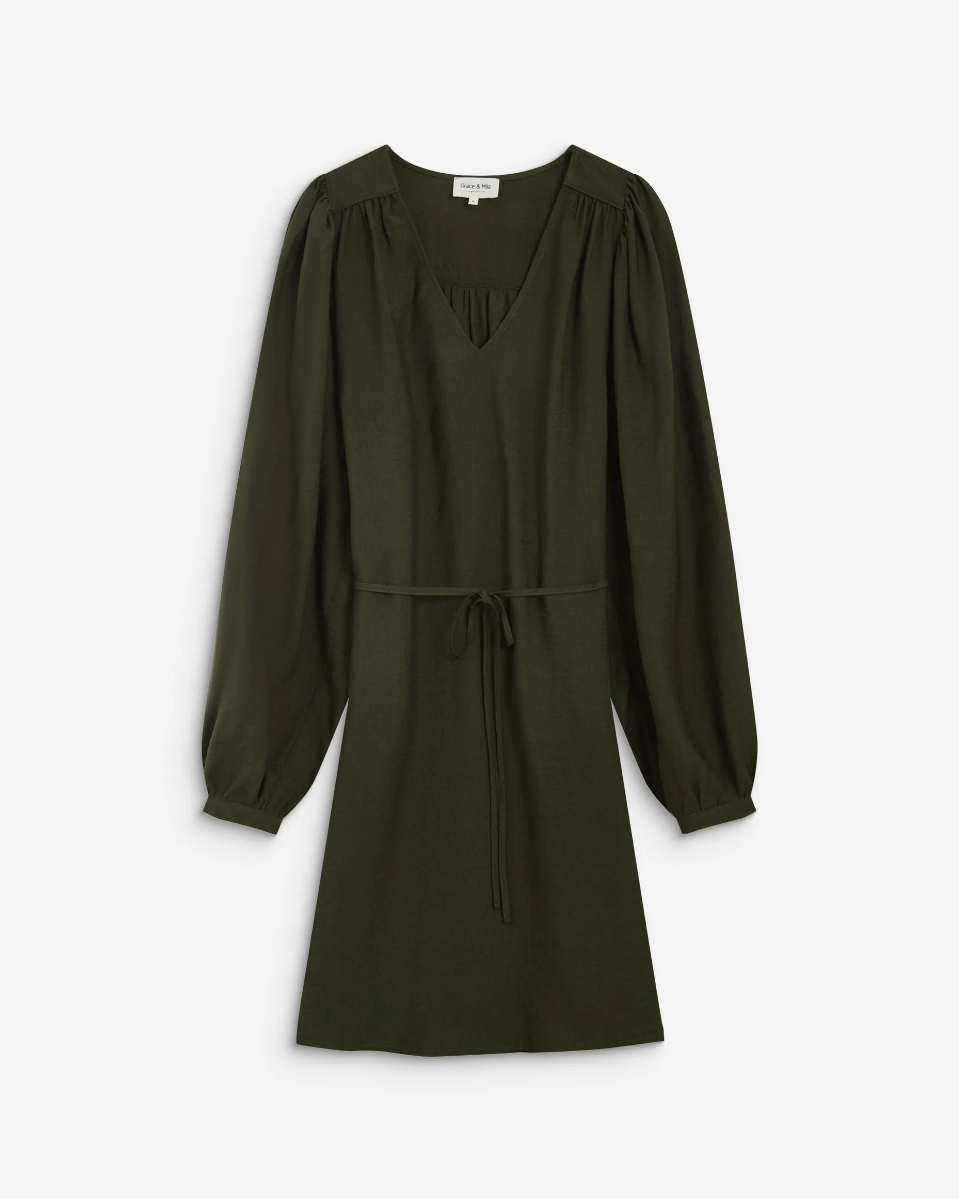 Robe courte col V manches bouffantes kaki Alienor