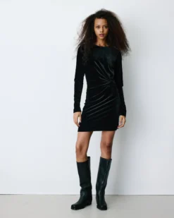Robe courte velours drapée manches longues noir Beverly