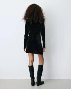 Robe courte velours drapée manches longues noir Beverly