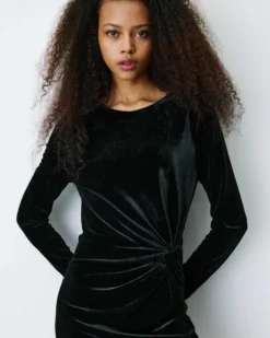 Robe courte velours drapée manches longues noir Beverly