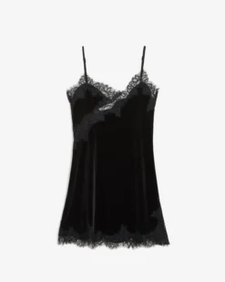 Robe courte velours et dentelle à fines bretelles noir Blair