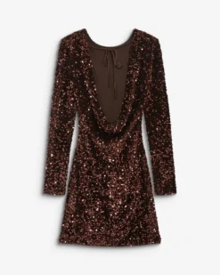 Robe fourreau courte à sequins dos nu chocolat Bahia