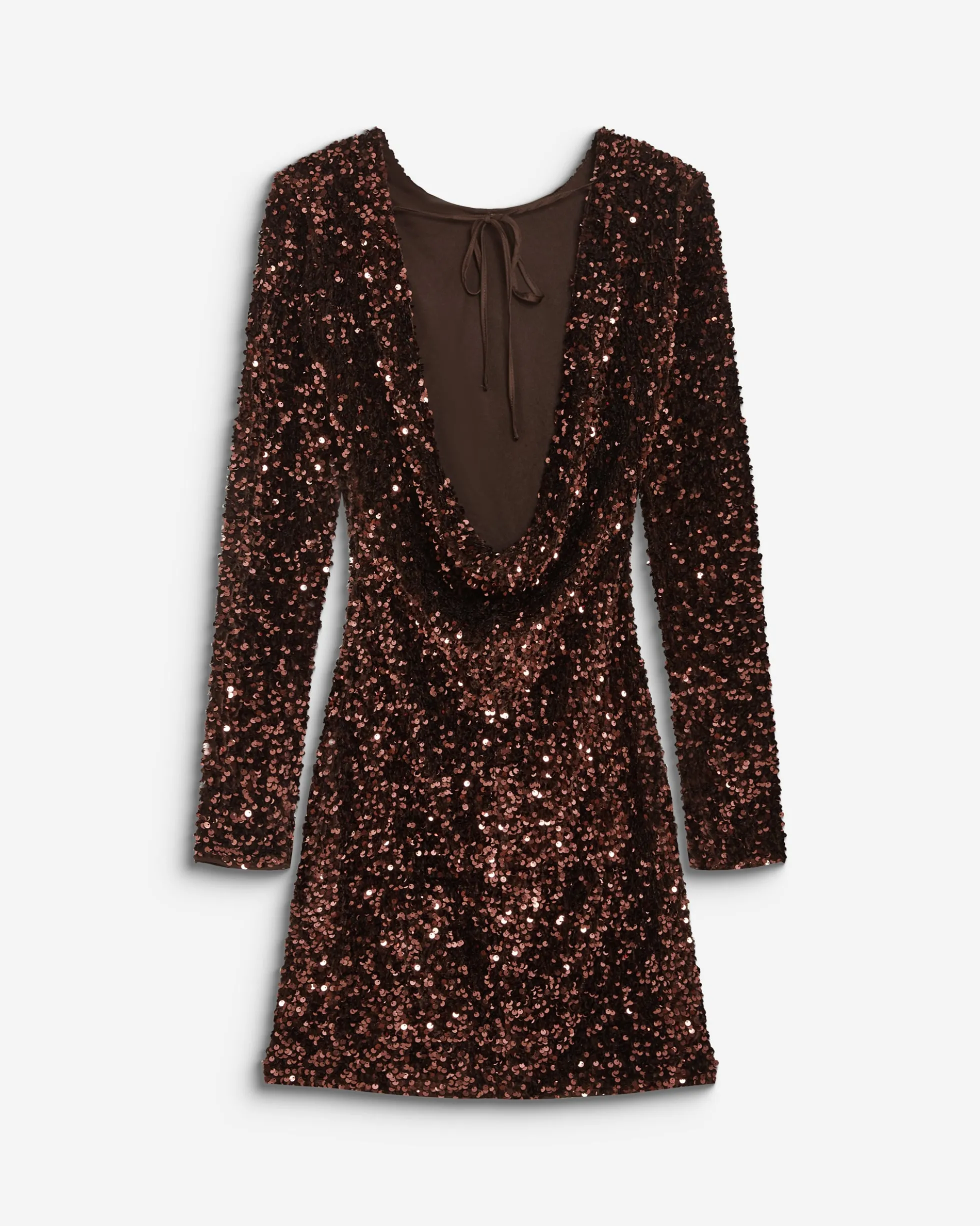 Robe fourreau courte à sequins dos nu chocolat Bahia