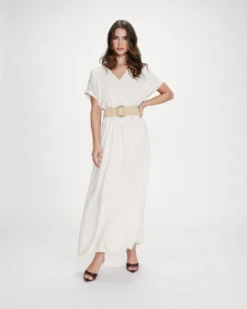 Robe longue portefeuille ceinturée sable Pollen