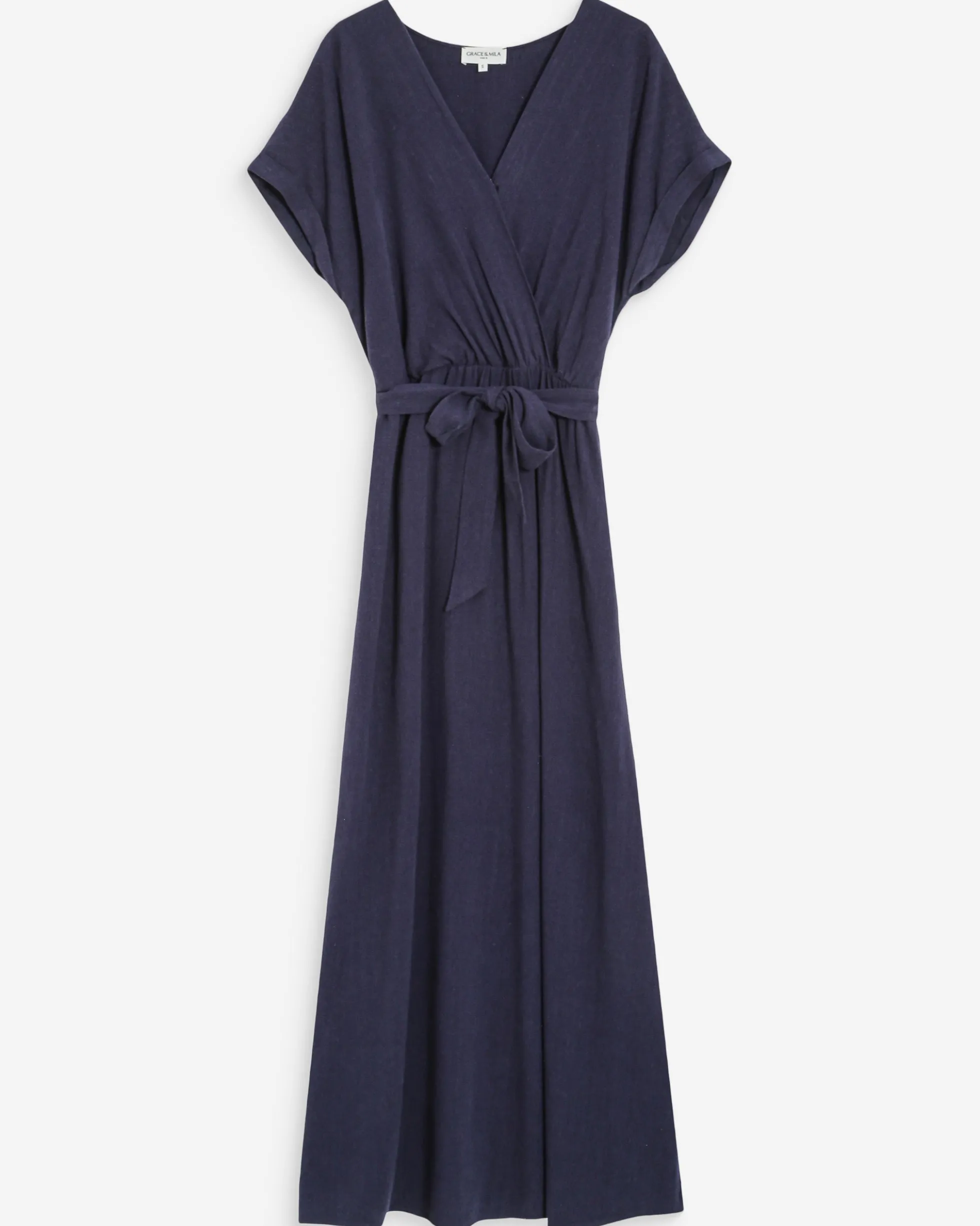 Robe longue portefeuille ceinturée marine Pollen