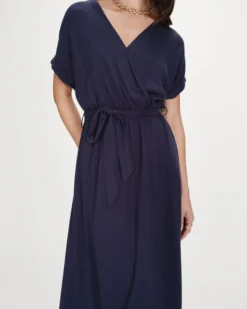 Robe longue portefeuille ceinturée marine Pollen