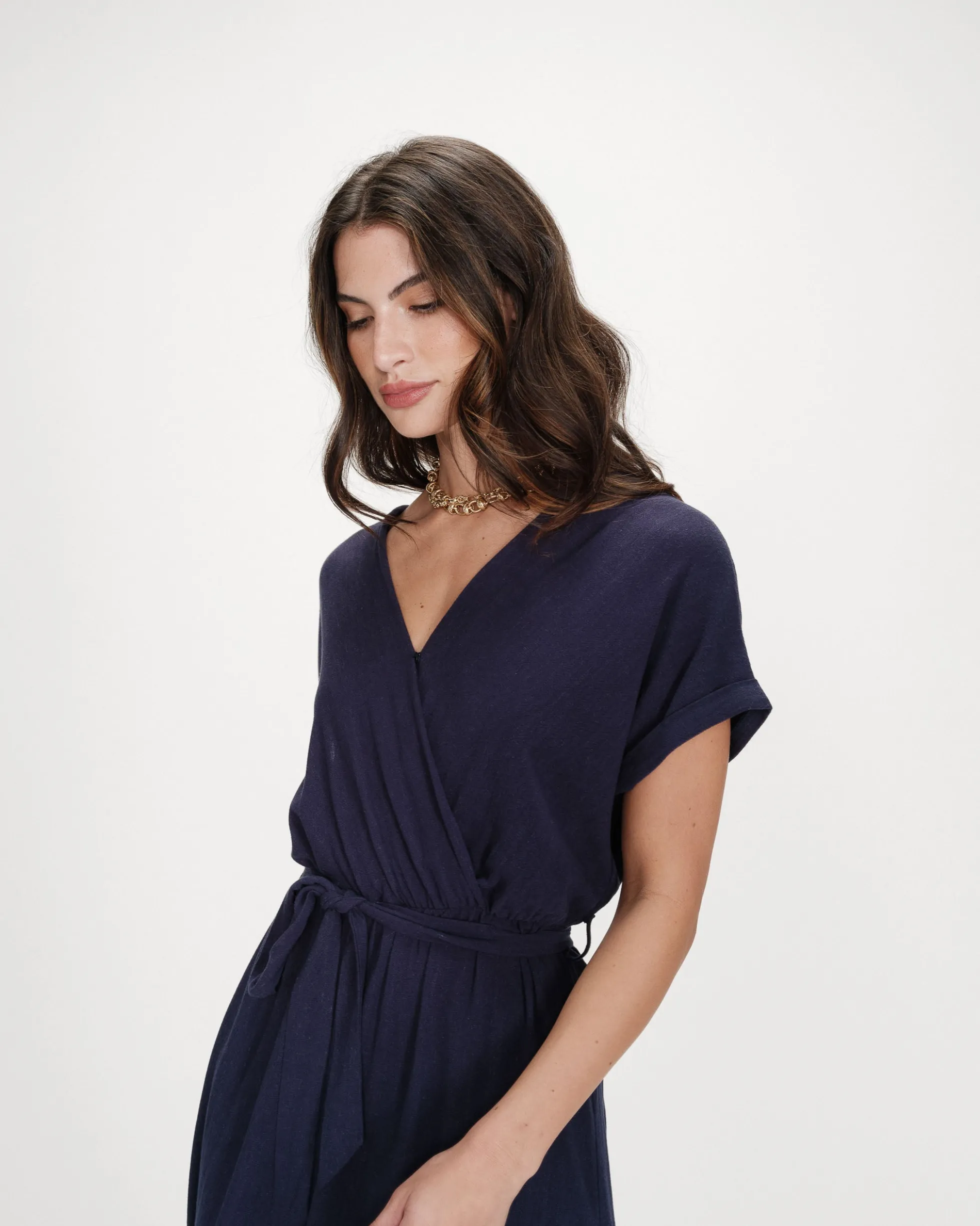 Robe longue portefeuille ceinturée marine Pollen