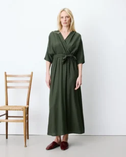Robe longue évasée col V croisé kaki Amelia