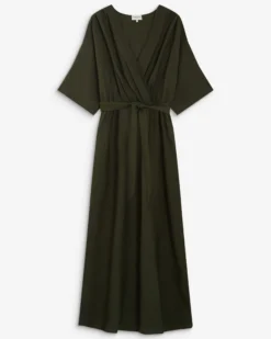 Robe longue évasée col V croisé kaki Amelia