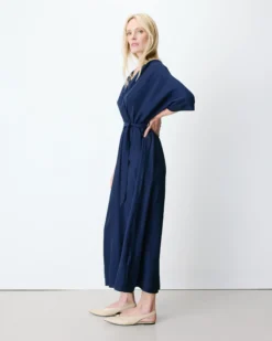Robe longue évasée col V croisé marine Amelia