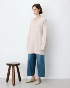 Robe pull courte oversize col V beige Airina