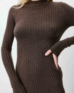 Robe pull longue col montant chocolat Alexandra
