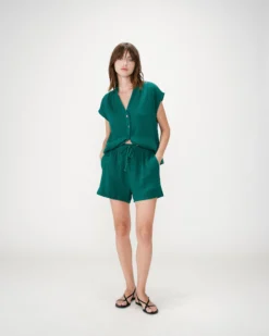 Short large taille haute en gaze de coton emeraude Wasabi