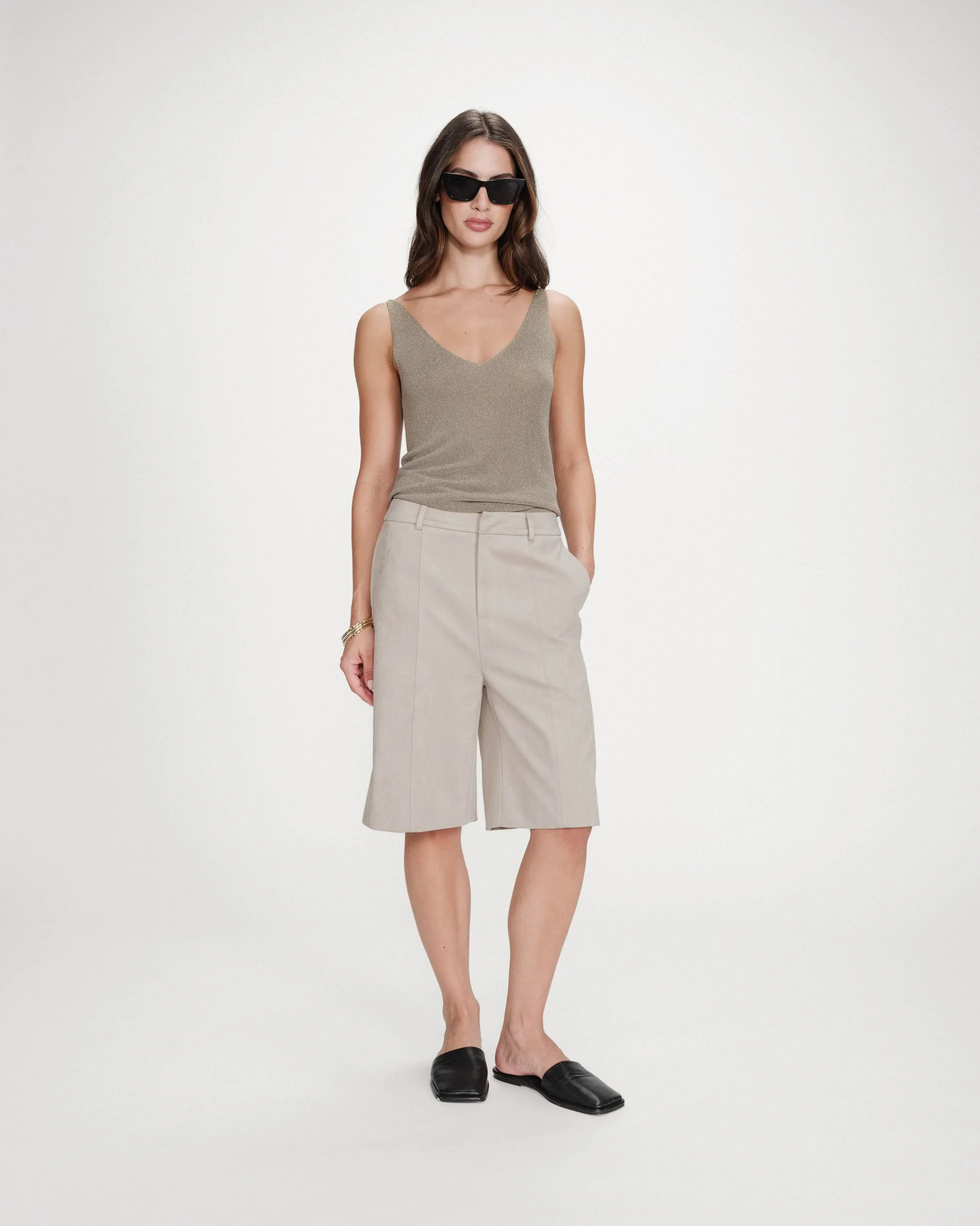 Top ajusté à bretelles col V en lurex kaki Paillette