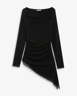 Top asymétrique manches longues bas en dentelle noir Bina