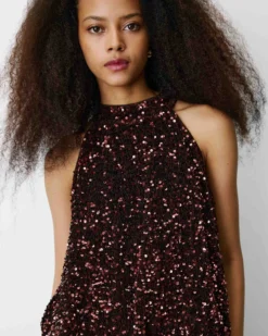 Top ballon encolure américaine en sequins chocolat Becky