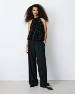 Top ballon encolure américaine en sequins noir Becky