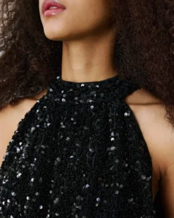 Top ballon encolure américaine en sequins noir Becky