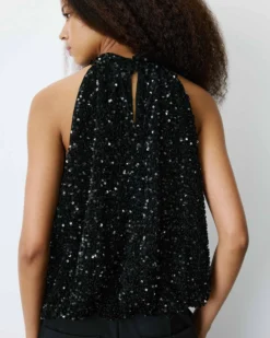 Top ballon encolure américaine en sequins noir Becky