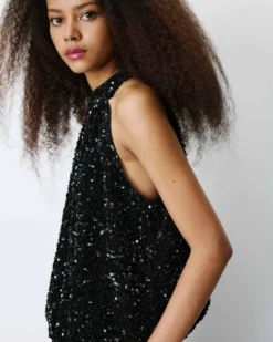 Top ballon encolure américaine en sequins noir Becky