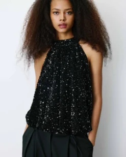 Top ballon encolure américaine en sequins noir Becky