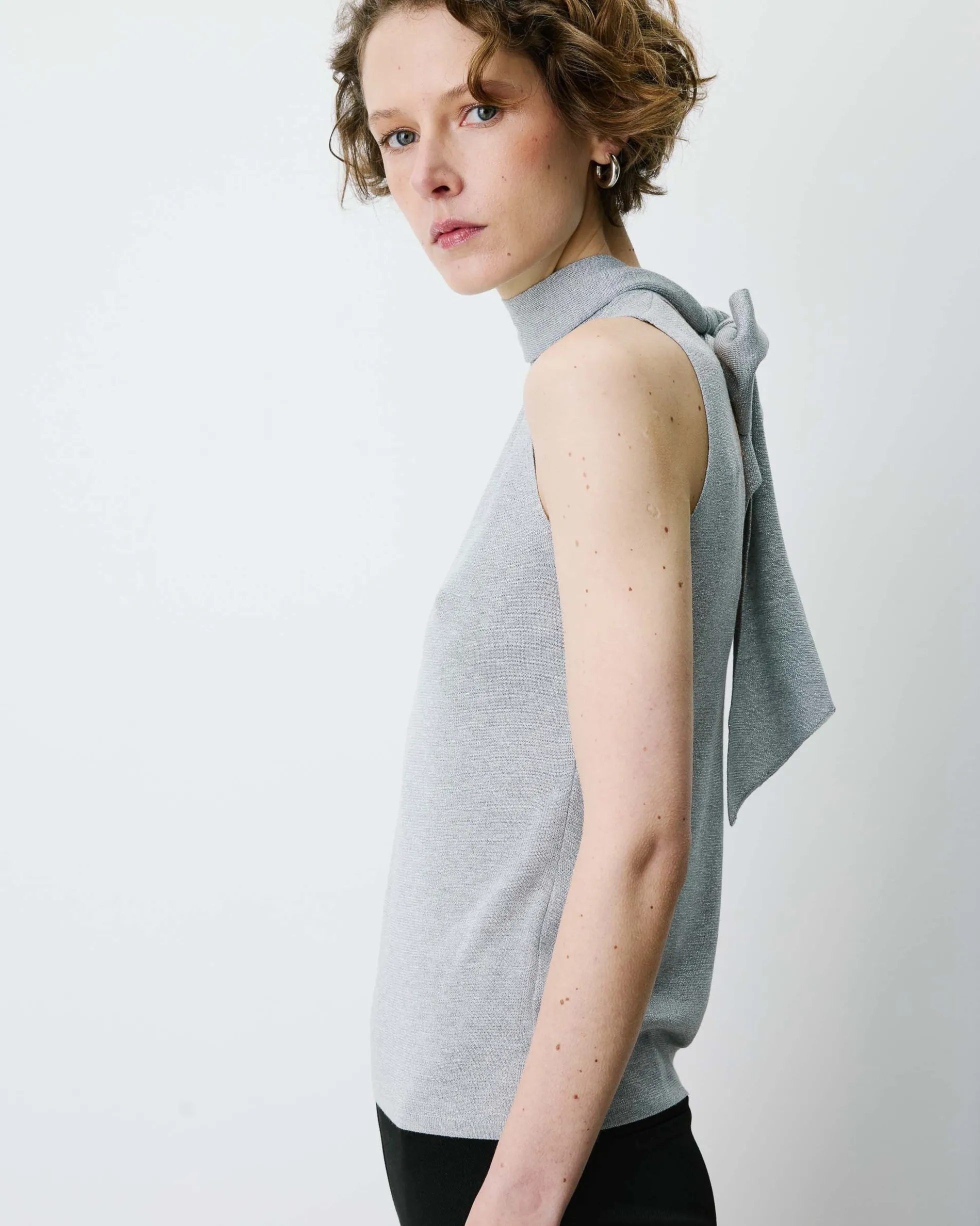 Top col montant en maille lurex sans manches silver Bailey