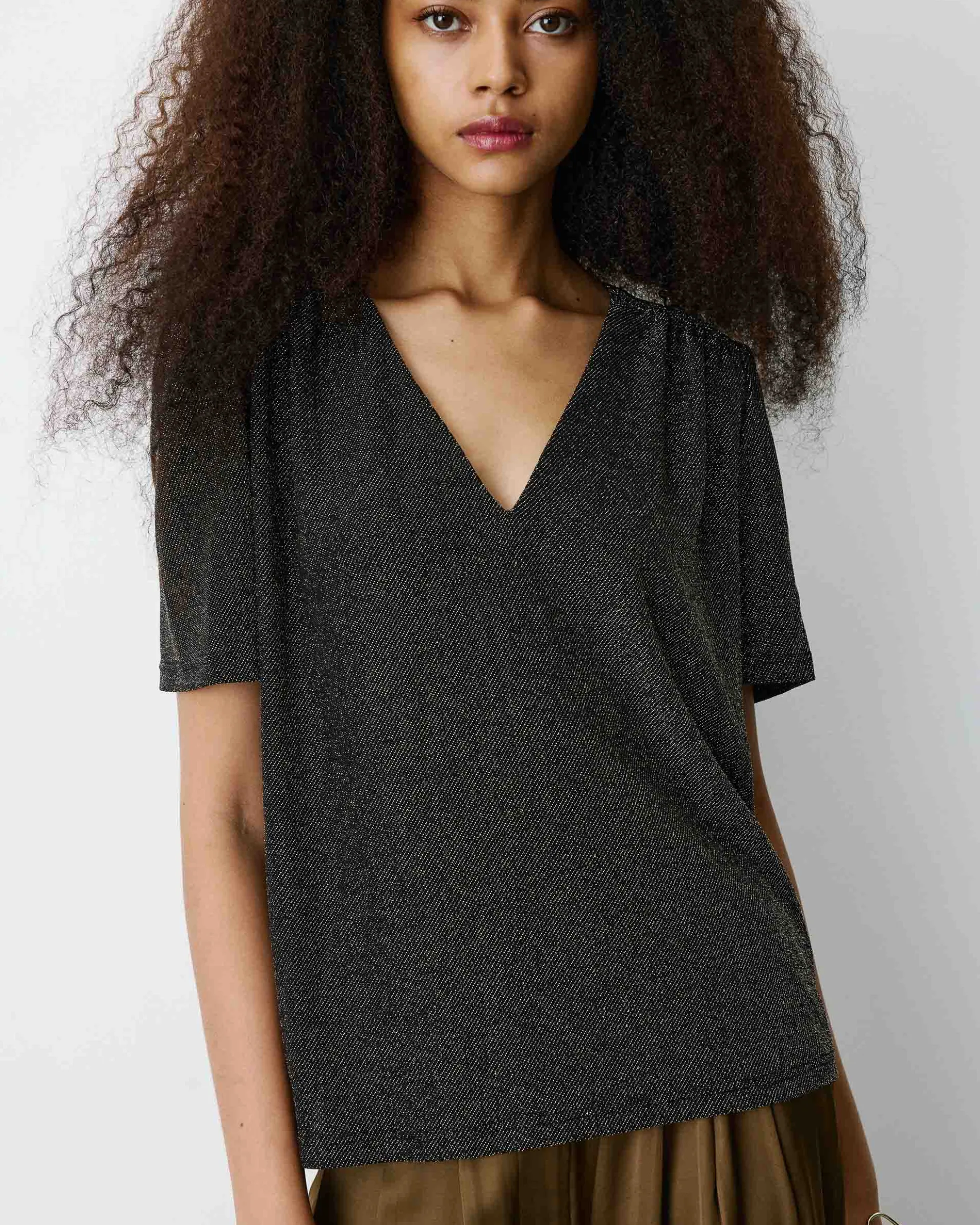 Top col V en jersey lurex manches courtes gold Basilic