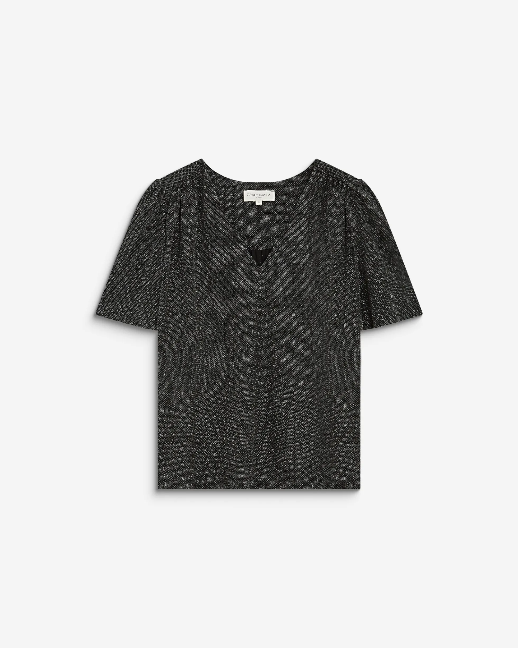 Top col V en jersey lurex manches courtes silver Basilic