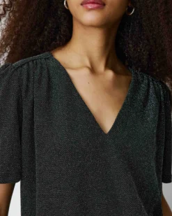 Top col V en jersey lurex manches courtes silver Basilic