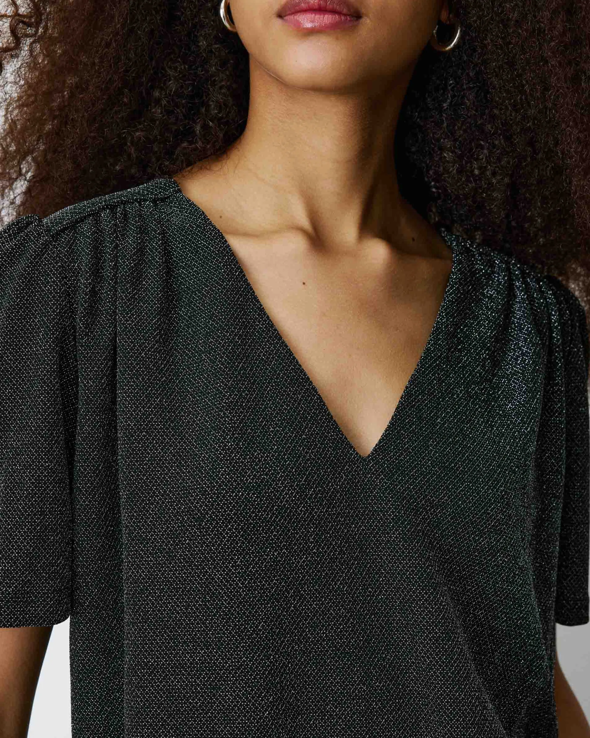 Top col V en jersey lurex manches courtes silver Basilic