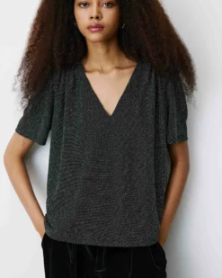 Top col V en jersey lurex manches courtes silver Basilic