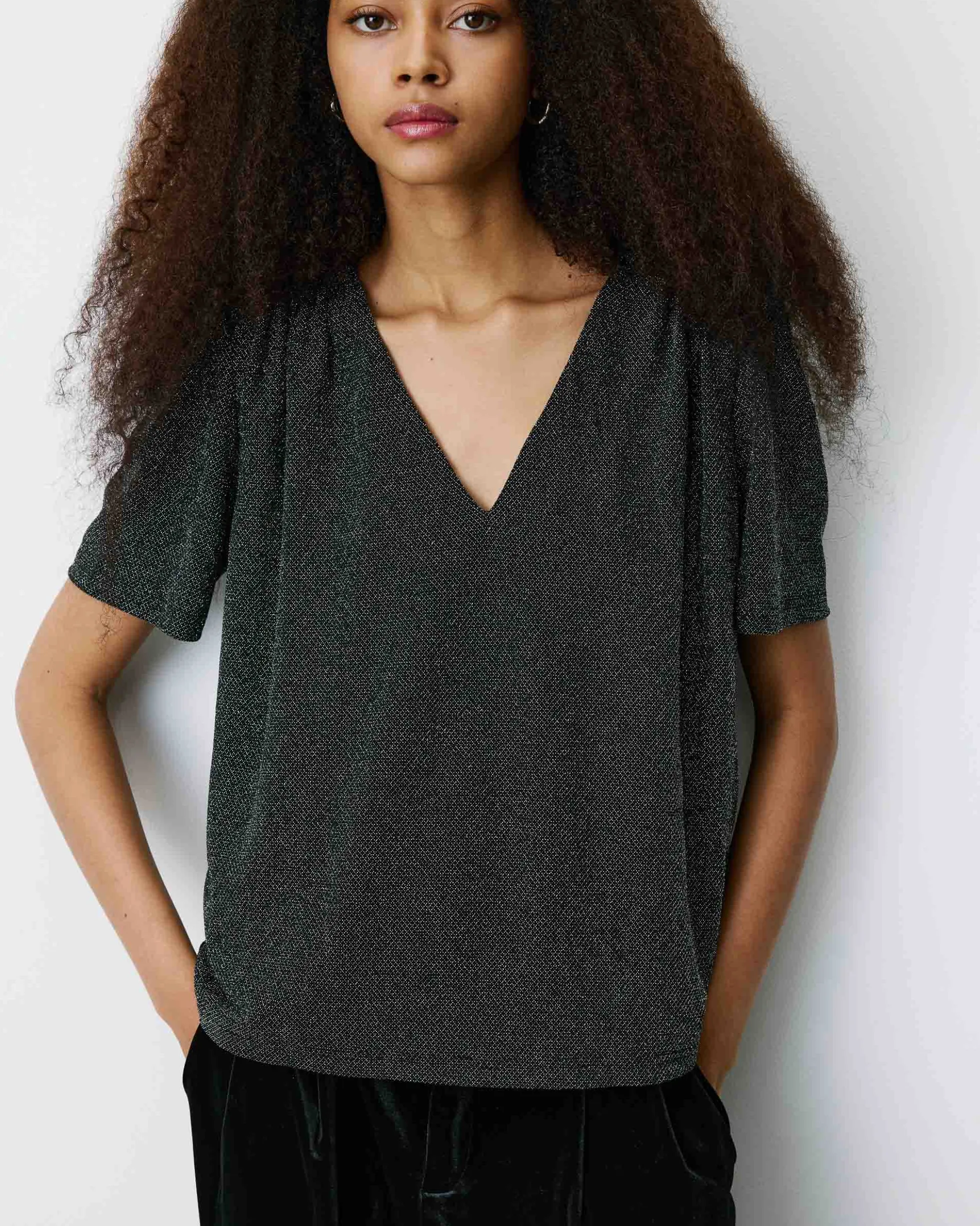 Top col V en jersey lurex manches courtes silver Basilic