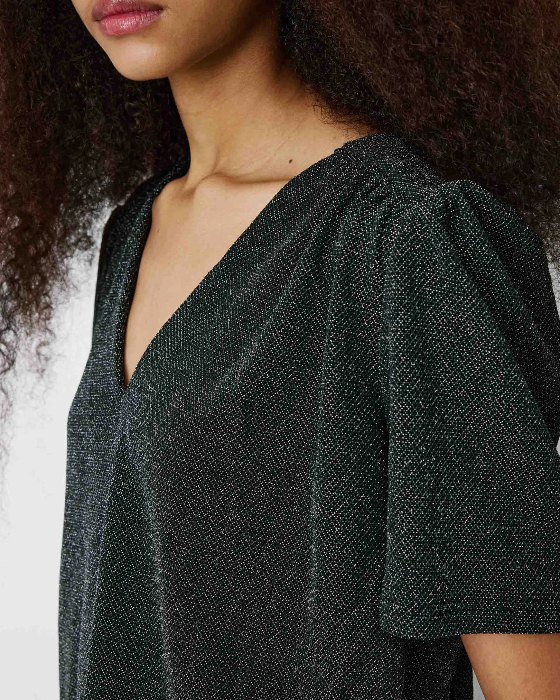 Top col V en jersey lurex manches courtes silver Basilic